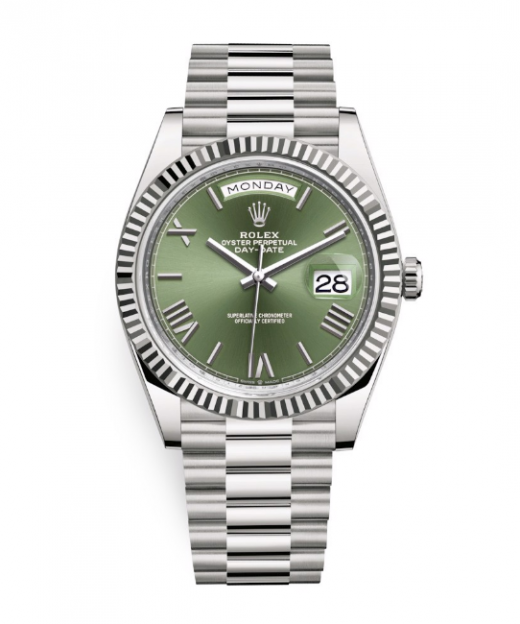 Rolex Day-Date 40mm White Gold Olive Green Roman 228239-0033