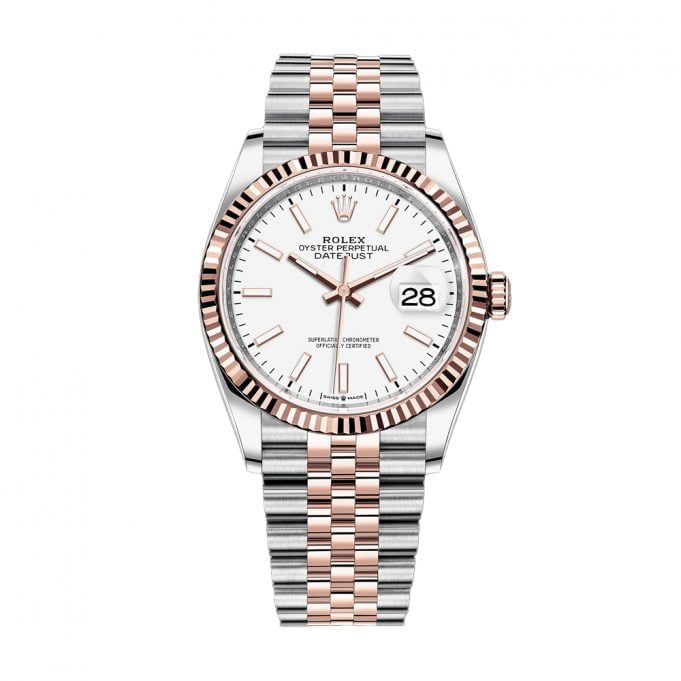 Rolex Steel and Everose Rolesor Datejust 36mm Watch - Fluted Bezel - White Index Dial - Jubilee Bracelet - 126231